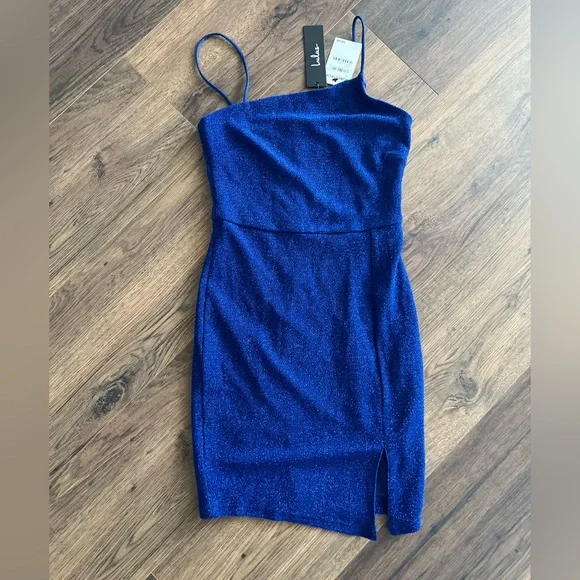 NWT - Lulus Take Me Anywhere Cobalt Sparkly Asymmetrical Bodycon Mini Dress XS - Picture 4 of 6